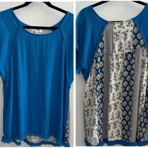 Umgee Blue Frayed Hem Mixed Print Boho Top Large